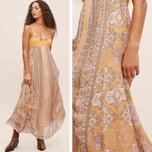 Anthropologie Calida Printed Maxi Dress Size 4 Petite Yellow